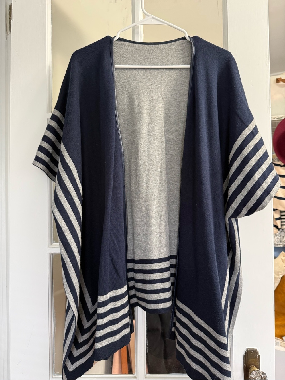 Tommy Hilfiger Reversible Navy and Gray Striped Open-Front Poncho Cardigan